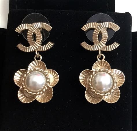 gold chanel drop earrings|vintage Chanel pearl drop earrings.